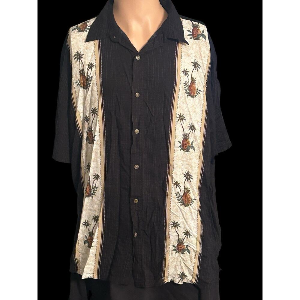 HAWAIIAN SHIRT BATIK BAY‎ MENS XL BLACK PINEAPPLES PALM TREES SHORT SLEEVES